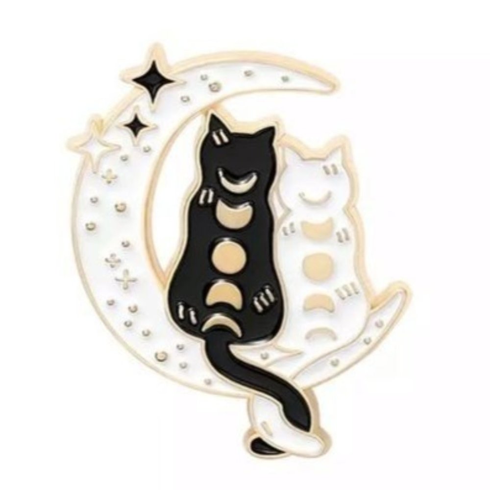 Cats By Moonlight pin enamel black white